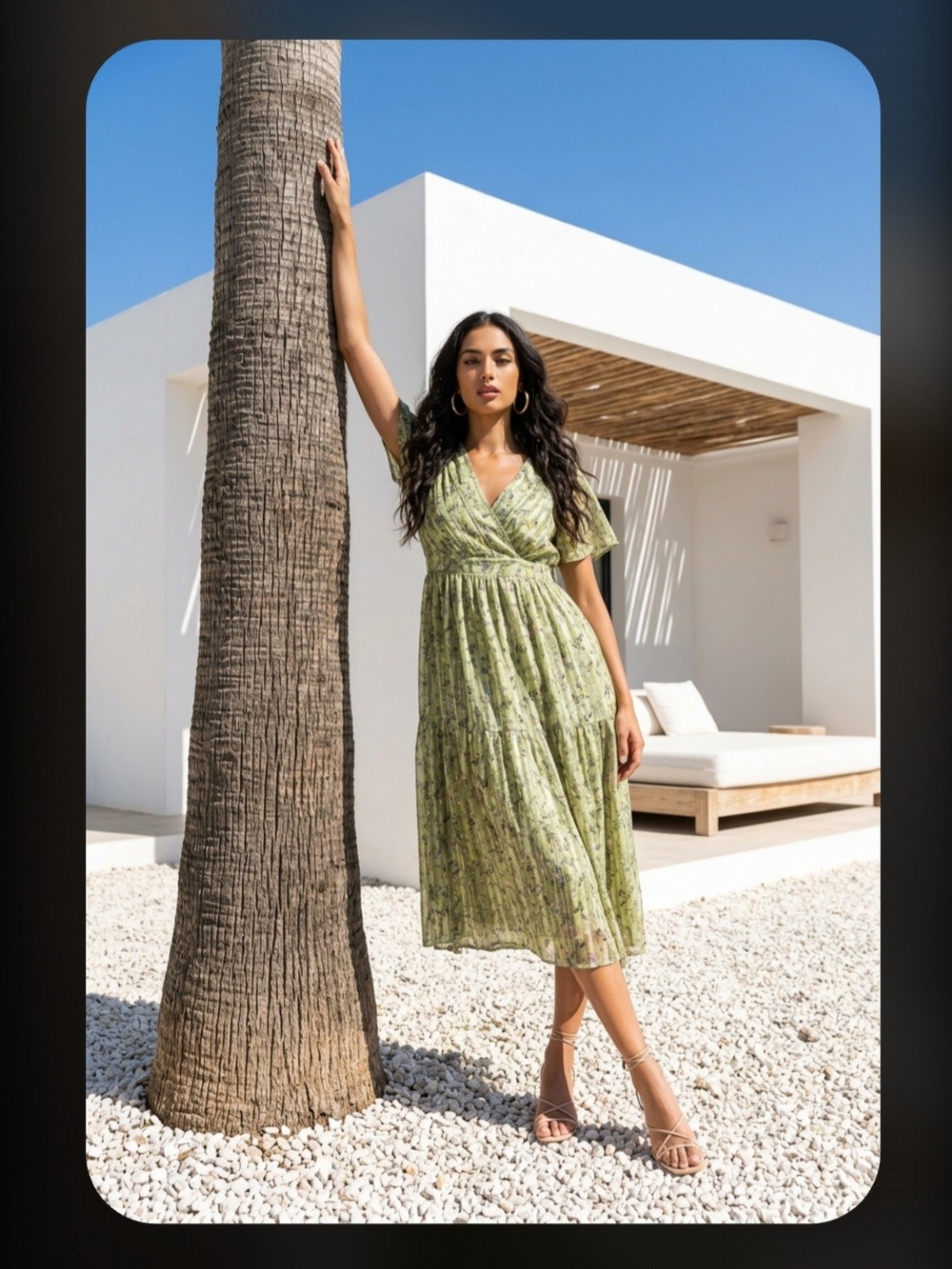 Green Floral Midi Dress with Smocked Waist